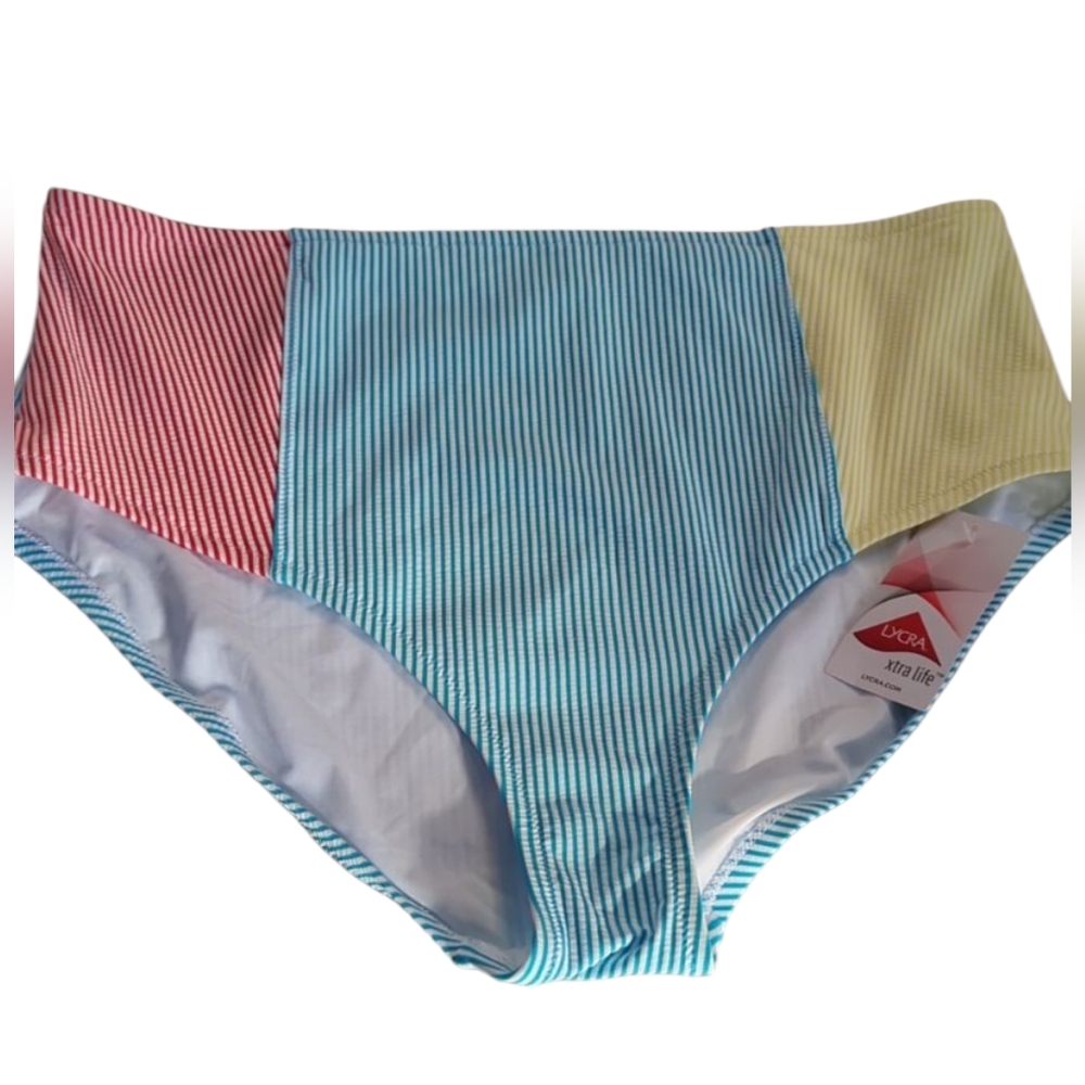 Lands End, red, blue and yellow seersucker swimsuit bottoms. 18